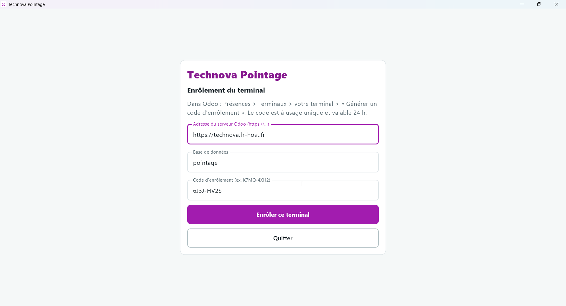 Écran Enrôlement du terminal de Technova Pointage avec adresse, base et code saisis